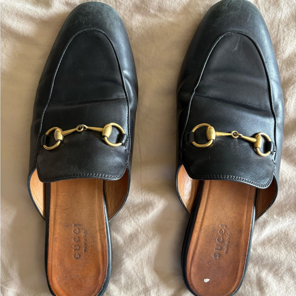 Gucci Black Leather Slip-On Mule with Gold Accents